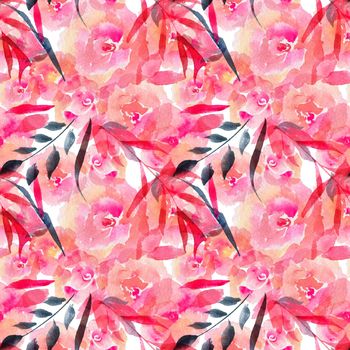 Watercolor samless pattern of rose flowers and willow branches. Cute decor for invitations and greetings cover and home textiles