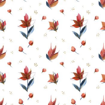 Watercolor seamles pattern of traditional folk rose flowers and branches. Blue and orange and white colors. Countryside calico and ditsie trend