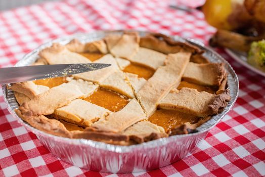 Happy Thanksgiving Day. Autumn feast. Woman celebrating holiday cooking traditional dinner at kitchen with turkey, vegetables and pumpkin pie, cutting pie