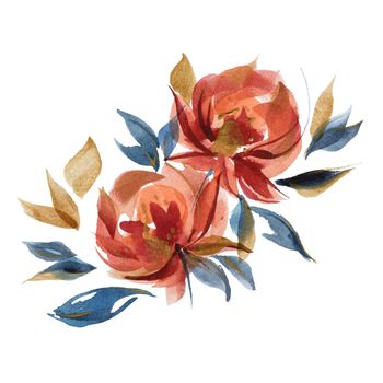 Blue and orange roses floral composition in folk trend. Watercolor bouquet of rose flowers in country cottege style.