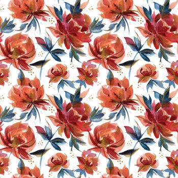 Watercolor seamles pattern of traditional folk rose flowers and branches. Blue and orange and white colors. Countryside and millefleur trend