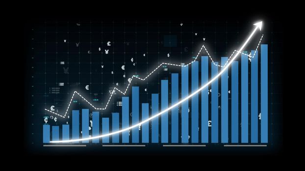 Business growth concept in allusive graph chart showing marketing sales profit increasing to future target . Excellent financial status of corporate business rise up . Finance and money 3D rendering .