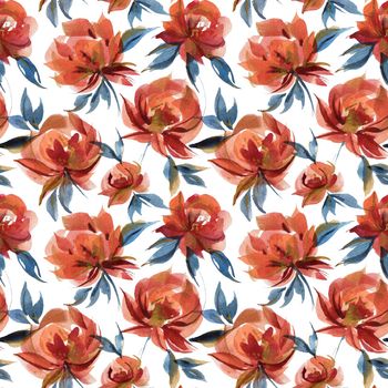 Watercolor ditsy pattern. Seamles pattern of traditional folk rose flowers. Blue and orange and white colors. Countryside cottage trend