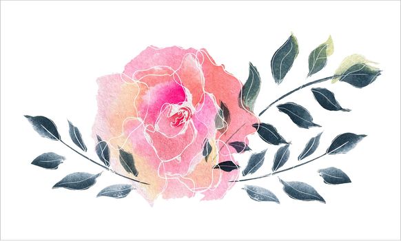 Rose bouquet. Watercolor floral composition of rose flowers and branches