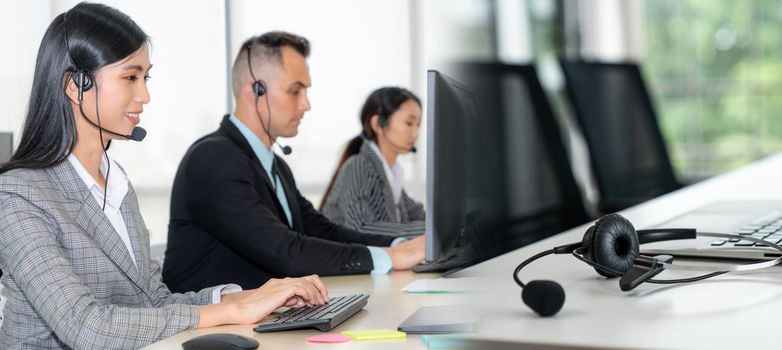 Business people wearing headset working in office to support remote customer or colleague. Call center, telemarketing, customer support agent provide service in broaden view .