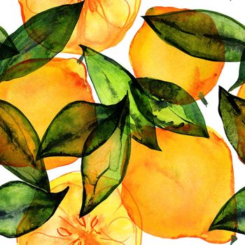 Lemon garden, fresh lemon fruits and slices and leaves. Seamless pattern, watercolor, white background. Decor for cute cafe textiles and wrapping paper