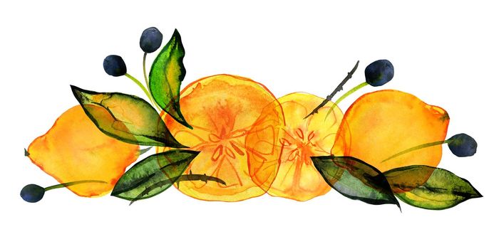 Citrus and olive fruits garden. Lemons and olives bouquet with hand drawn watercolor. Cute decor for home and cafe textiles, for packaging decor and menu