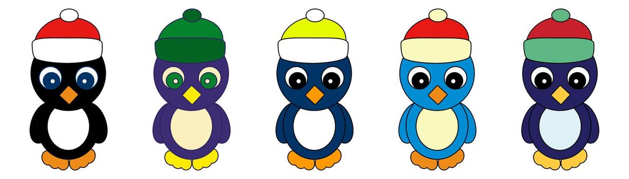 Color Illustration of Christmas Penguin in a Hat Isolated on White background. Set of Colorful Penguins.
