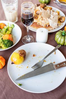 Happy Thanksgiving Day. Autumn feast. high angle view of thanksgiving table after feast, leftovers and dirty dishes. Cleaninf after feast