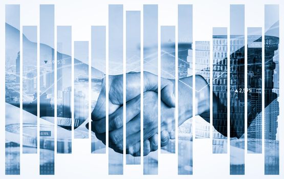 Business handshake on finance prosperity and money technology asset background . Economy and financial growth by investment in valuable stock market to gain wealth profit form currency trading