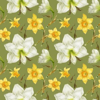 White Hippeastrum and yellow daffodil watercolor seamless pattern on a green background with clipping path