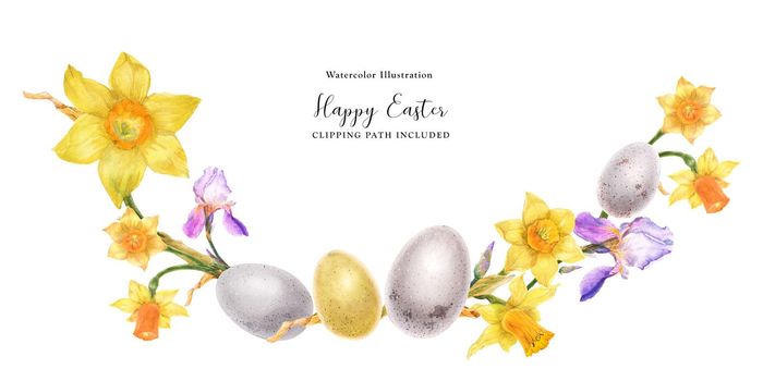 Daffodils and irises and bird eggs watercolor Easter arc on a white background, clipping path included