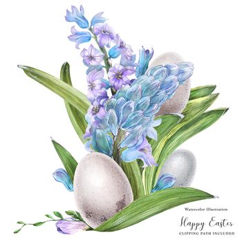 Hyachinth and bird egg watercolor Easter bouquet on a white background, clipping path included