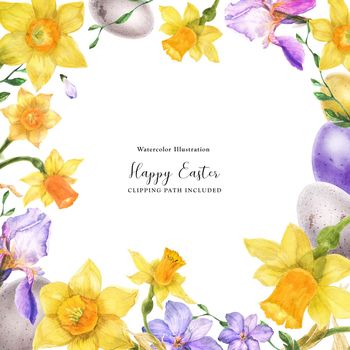 Easter watercolor floral frame with spring flowers and eggs on a white background, clipping path included
