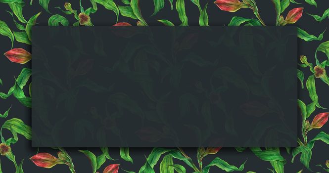 Floral dark watercolor banner with alstroemeria branches with red buds