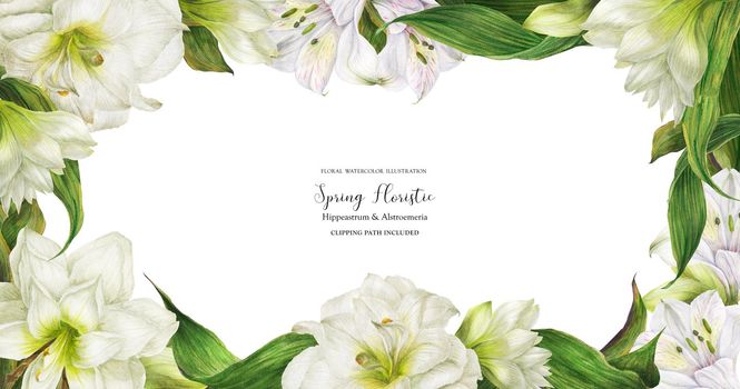 Floral bridal banner with white alstroemeria and hippeastrum flowers, realistic illustration with clipping path