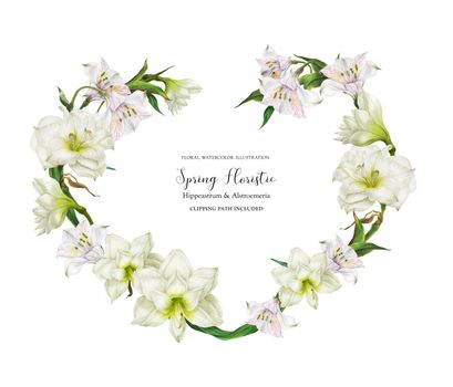 Bridal heart shape wreath with white flowers, realistic watercolor illustration with clipping path