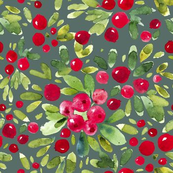 Nature seamless pattern of red berries, traces watercolor