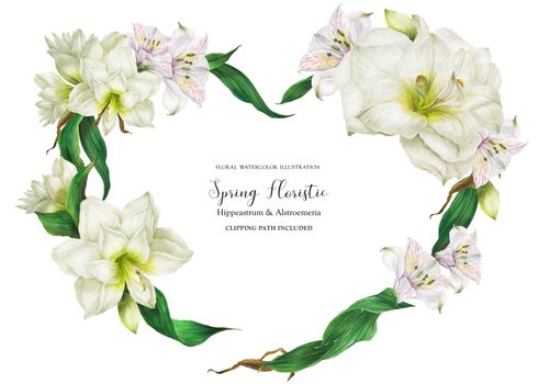 Tender heart shape wreath with white flowers, realistic watercolor illustration with clipping path