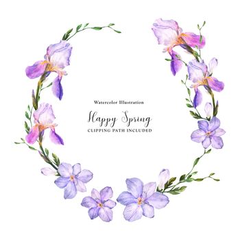 Decorative watercolor wreath with iris and freesia flowers on a white background, watercolor with clipping path