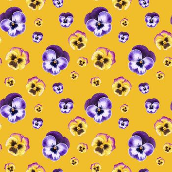 Blue and yellow pansy flowers watercolor seamless pattern on a bright yellow background with clipping path