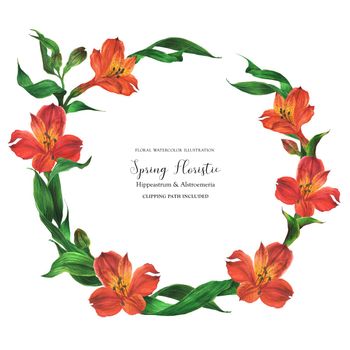 Romantic round wreath with red flowers, realistic watercolor illustration with clipping path