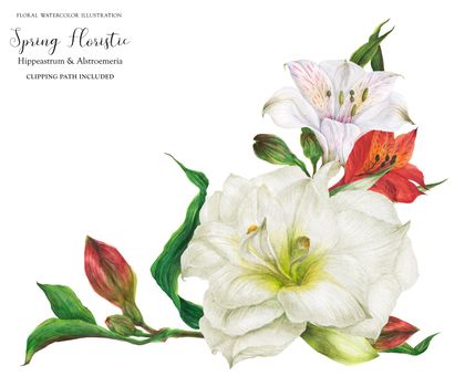 Bridal corsage bouquet with lily flowers, realistic watercolor illustration with clipping path
