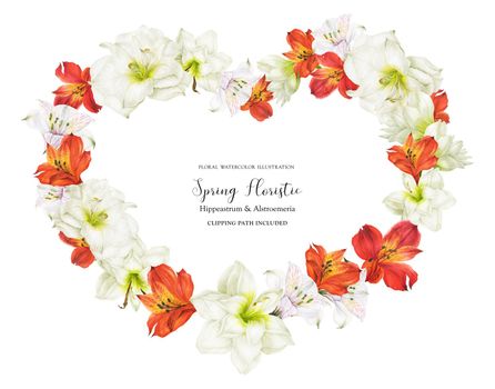 Romantic bridal heart shape garland with red and white flowers, realistic watercolor illustration with clipping path