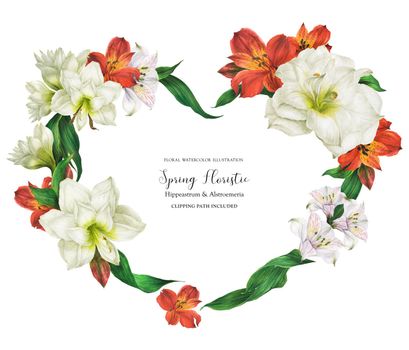 Romantic wedding heart shape garland with red and white flowers, realistic watercolor illustration with clipping path