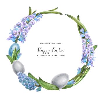 Decorative watercolor wreath with hiacynth flowers and bird eegs on a white background, watercolor with clipping path
