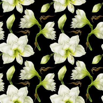 White Hippeastrum watercolor seamless pattern on a black background with clipping path