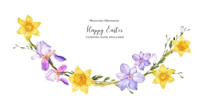 Decorative watercolor arc with spring flowers daffodil and iris and freesia on a white background, clipping path included