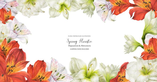 Floral banner with red and white lily flowers, realistic illustration with clipping path