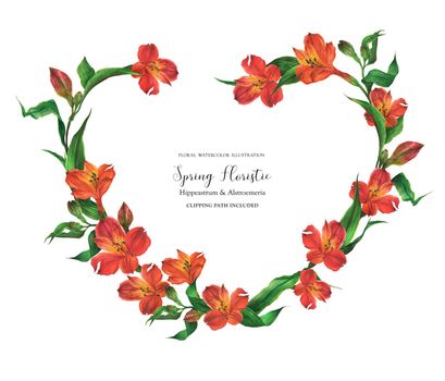 Romantic heart shape wreath with red flowers, realistic watercolor illustration with clipping path