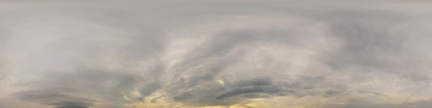 Sky panorama on overcast rainy day with low clouds in seamless spherical equirectangular format. Complete zenith for use in 3D graphics, game and for aerial drone 360 degree panorama as a sky dome.