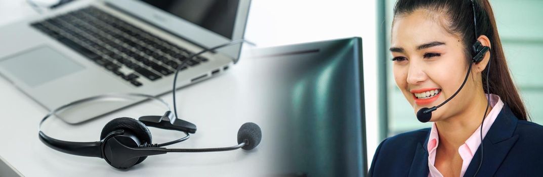 Business people wearing headset working in office in widen view to support remote customer or colleague. Call center, telemarketing, customer support agent provide service on telephone video call.