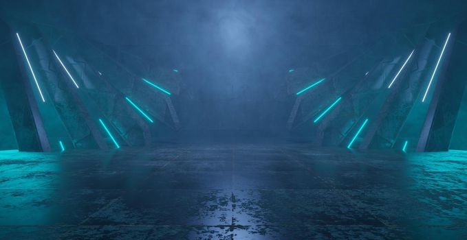Neon Lights Futuristic Turquoise Blue Glowing Laser Beams Vertical Empty Space Dark Room Hallway Tunnel Corridor Stargate Spaceship Alien Concrete 3D Rendering