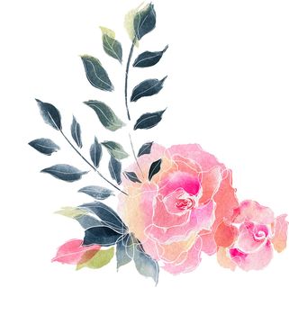 Rose bouquet. Watercolor floral composition of rose flowers and branches