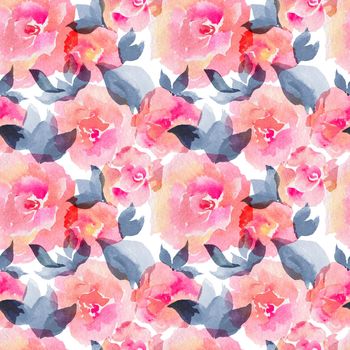 Watercolor samless pattern of rose flowers and leves. Cute decor for invitations and greetings cover and home textiles