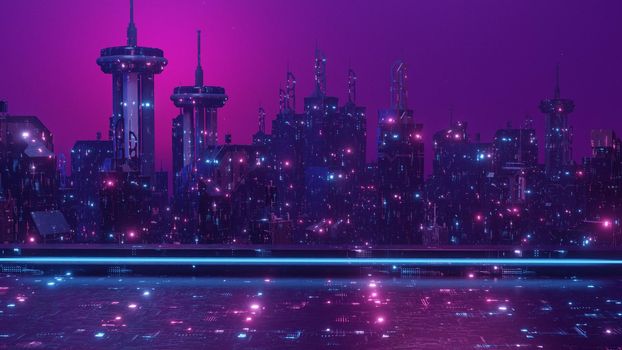 Science fiction neon city night panorama of dark futuristic sci-fi city lit with blue purple neon lights 3d illustration