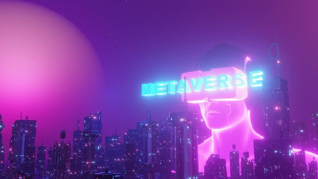 Metaverse VR Virtual Reality Cyber City World Virtual Reality Technology Concept Future Banner Background 3d Illustration