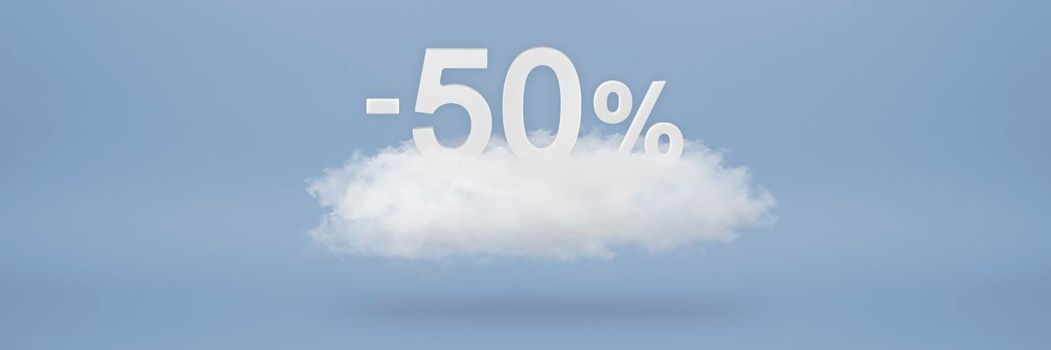 Discount 50 percent. Big discounts, sale up to fifty percent. 3D numbers float on a cloud on a blue background. Copy space. Advertising banner and poster to be inserted into the project.