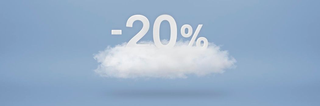 Discount 20 percent. Big discounts, sale up to twenty percent. 3D numbers float on a cloud on a blue background. Copy space. Advertising banner and poster to be inserted into the project.