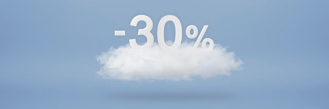 Discount 30 percent. Big discounts, sale up to thirty percent. 3D numbers float on a cloud on a blue background. Copy space. Advertising banner and poster to be inserted into the project.