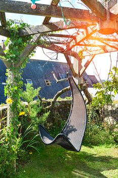 Wicker hanging chair in the garden with green nature background and sun