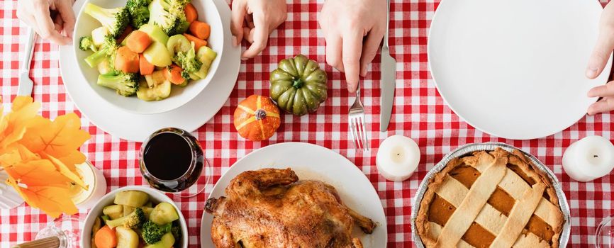 Happy Thanksgiving Day. Autumn feast. top view of home traditional thanksgiving feast table, banner