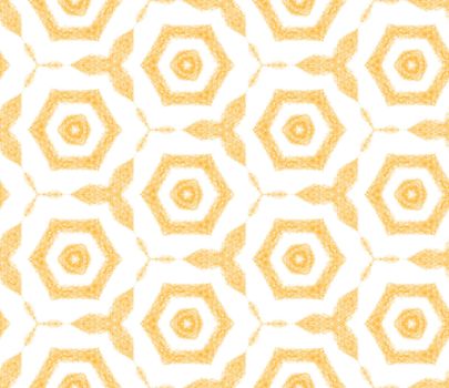 Ethnic hand painted pattern. Yellow symmetrical kaleidoscope background. Summer dress ethnic hand painted tile. Textile ready fine print, swimwear fabric, wallpaper, wrapping.