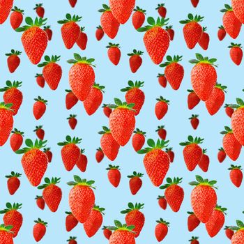 Fresh strawberry seamless pattern. Ripe strawberries isolated on blue. Package design background. Falling strawberry selective focus.