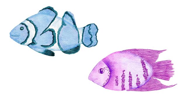 Watercolor illustration of tropical fish in blue turquoise purple colors, ocean sea underwater wildlife animals. Nautical summer beach design, coral reef life nature