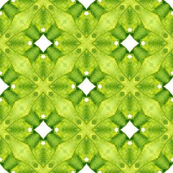 Ikat repeating swimwear design. Green surprising boho chic summer design. Textile ready astonishing print, swimwear fabric, wallpaper, wrapping. Watercolor ikat repeating tile border.